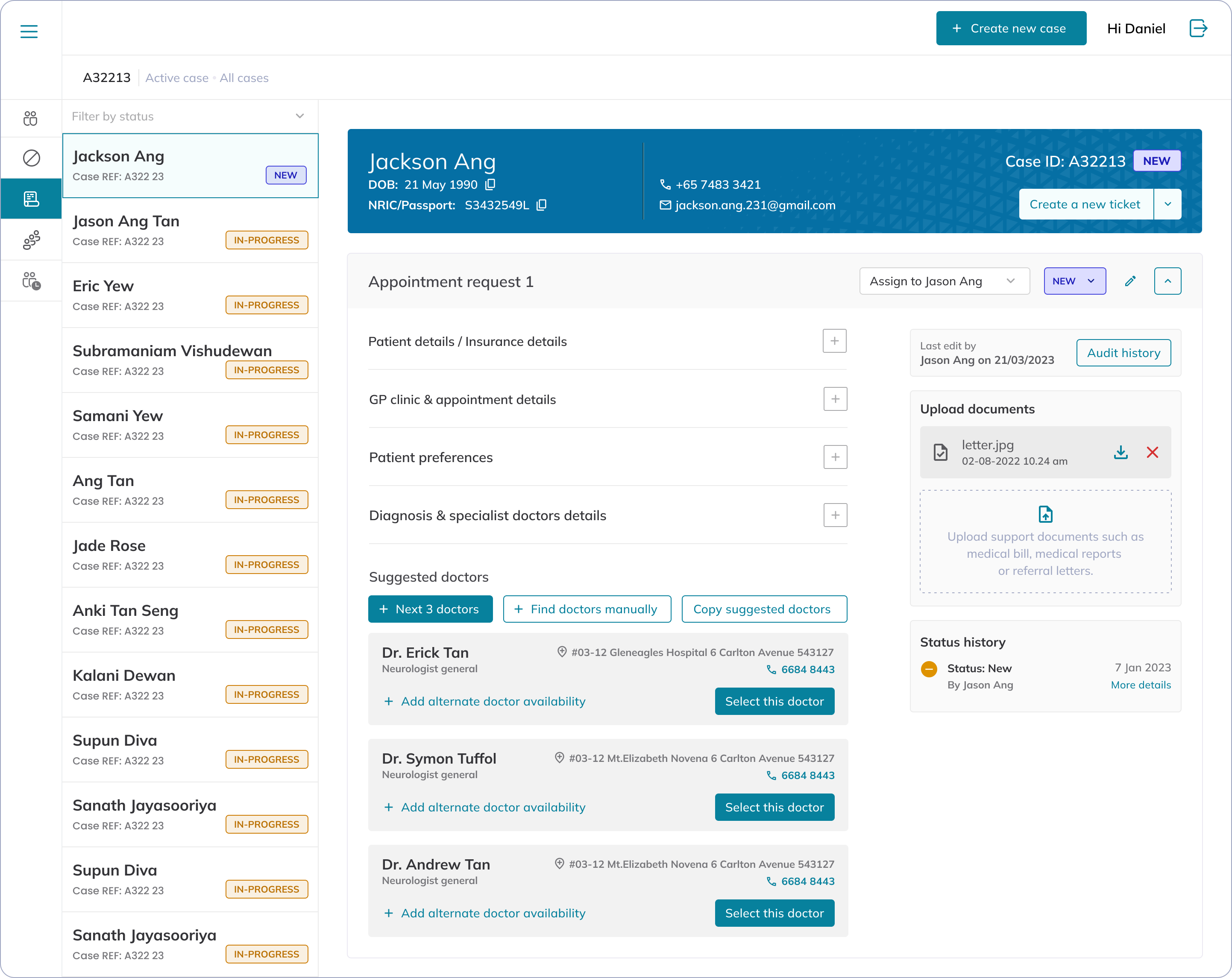 Active case view — appointment request with suggested doctors, upload documents and status history
