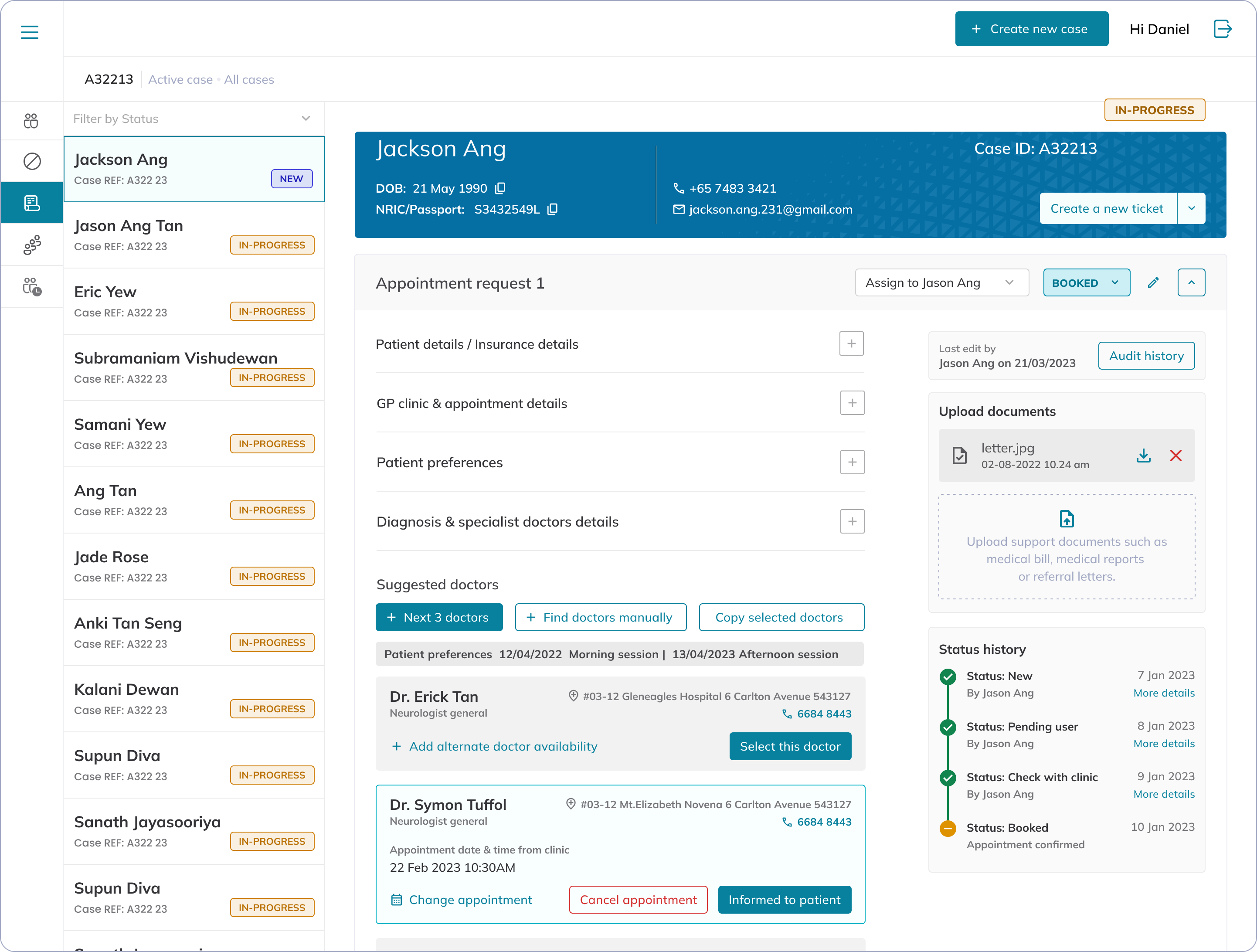 Booked medical-concierge appointment with selected specialist, appointment details, actions and complete status history